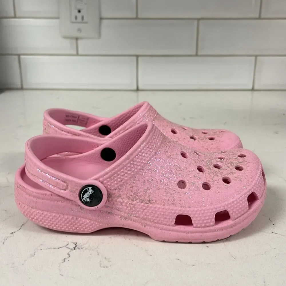 CROCS Unisex-Child Classic Glitter Clogs Kids Sparkly Flamingo Pink Size 12